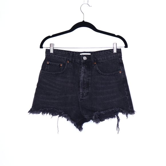 ZARA High Rise Frayed Denim Shorts Black Stone Washed Cutoff Casual Women's 6 - Picture 1 of 12
